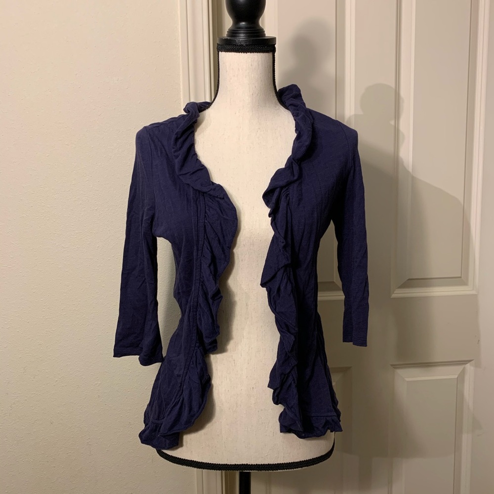 Navy Open-Front Ruffle 3/4 Sleeve Cardigan S